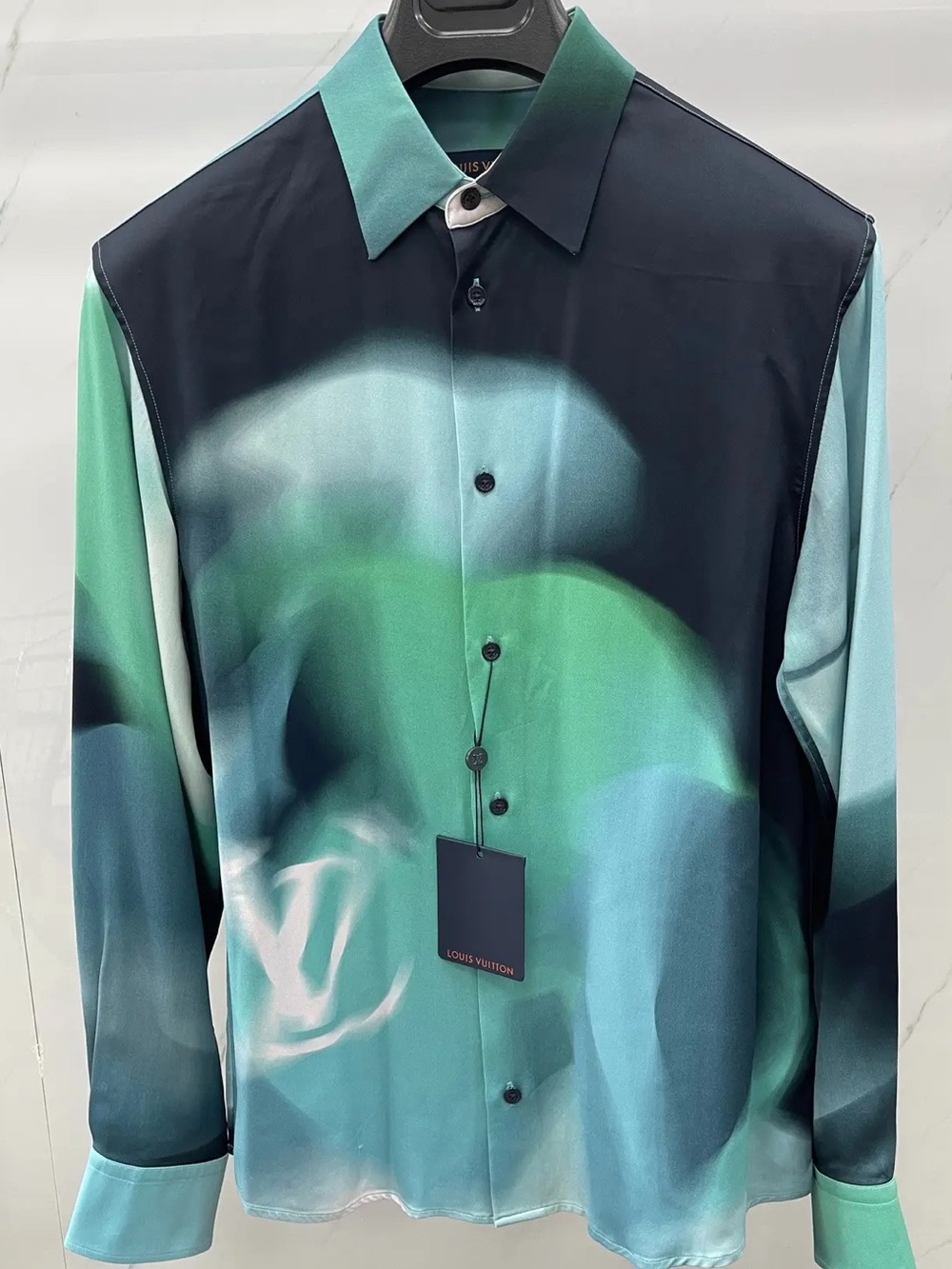 Louis Vuitton Men's Gradient Teal and Black Satin Button-Down Shirt